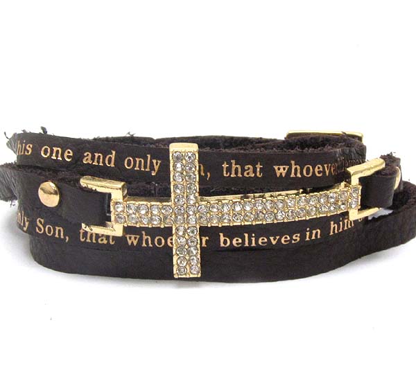 Crystal cross and leatherette message wrap bracelet - john 3:16