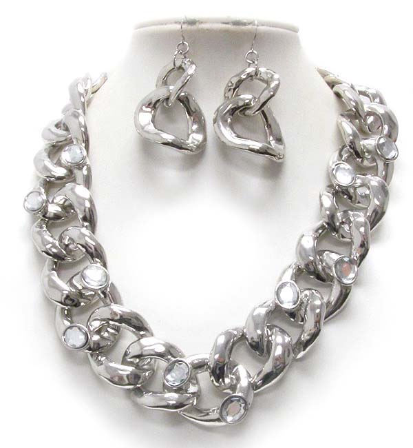 Acrylic stone accent on thick metal look chain necklace earring set