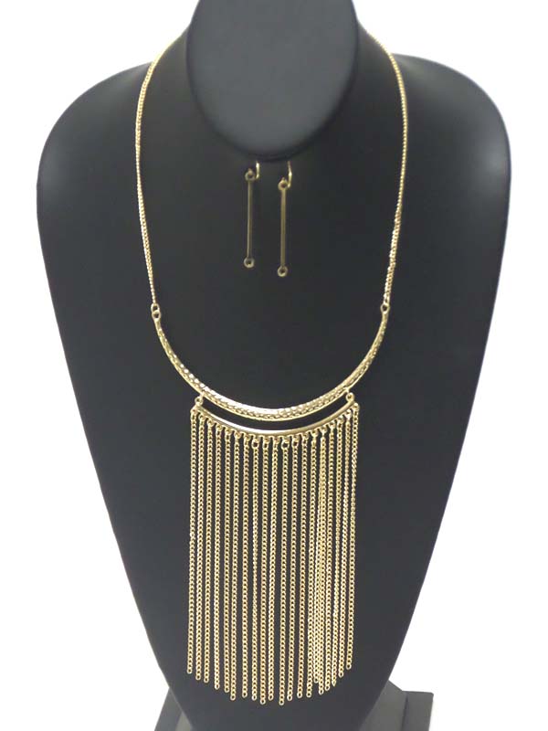 Metal crescent and multi tassel drop necklace earring set