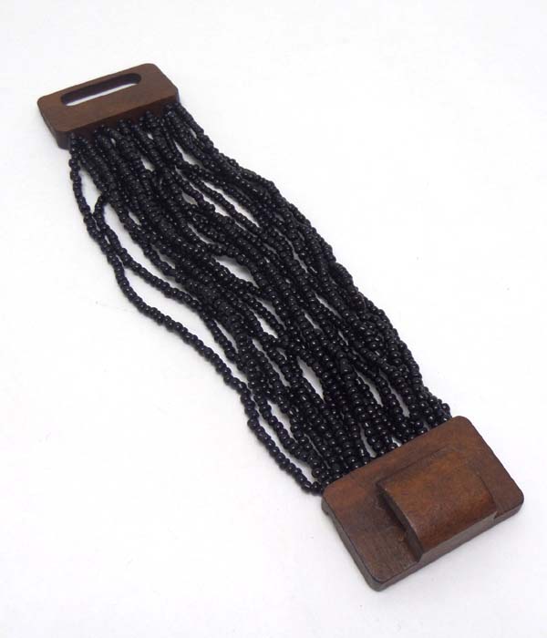 Seed bead multi layer and wood closure stretch bracelet