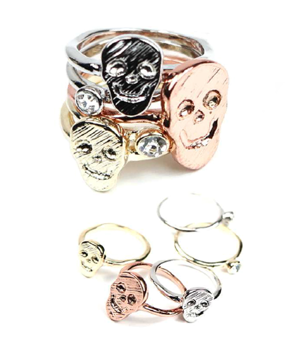 Crystal and skull multi stackable ring combo set of 5