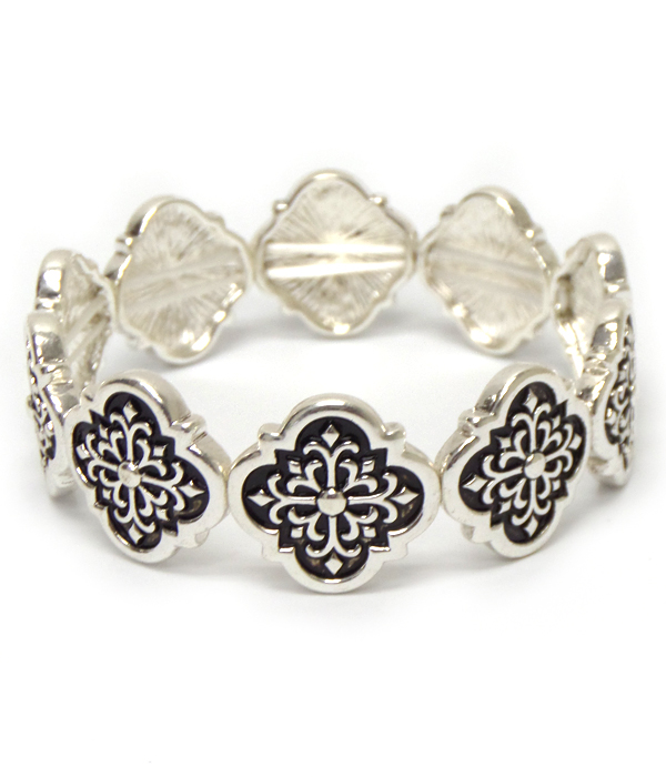 Quatrefoil shape metal filigree stretch bracelet