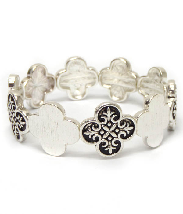 Quatrefoil shape metal filigree stretch bracelet