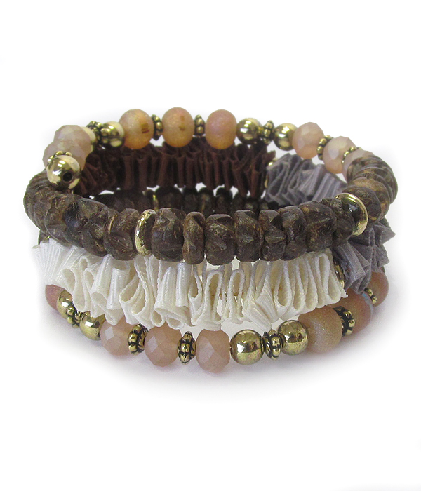 Multi wood bead and fabric mix coil bracelet