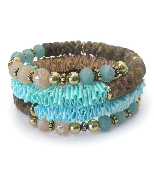 Multi wood bead and fabric mix coil bracelet