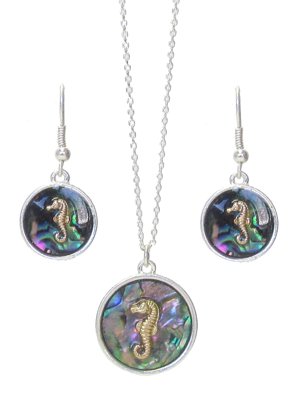 Sealife theme abalone disc pendant necklace set - seahorse