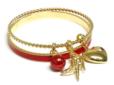 Heart and bird multi charm nautical color double metal bangle