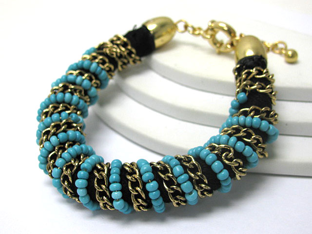 Beads and metal chain wrapped metal bracelet