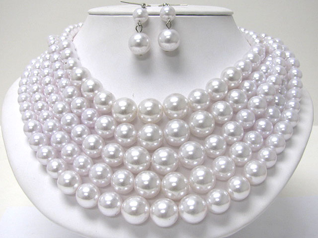 Five row gradual pearl ball necklace earring set
