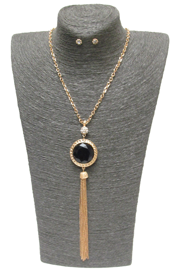 Facet stone and long fine chain tassel drop necklace set
