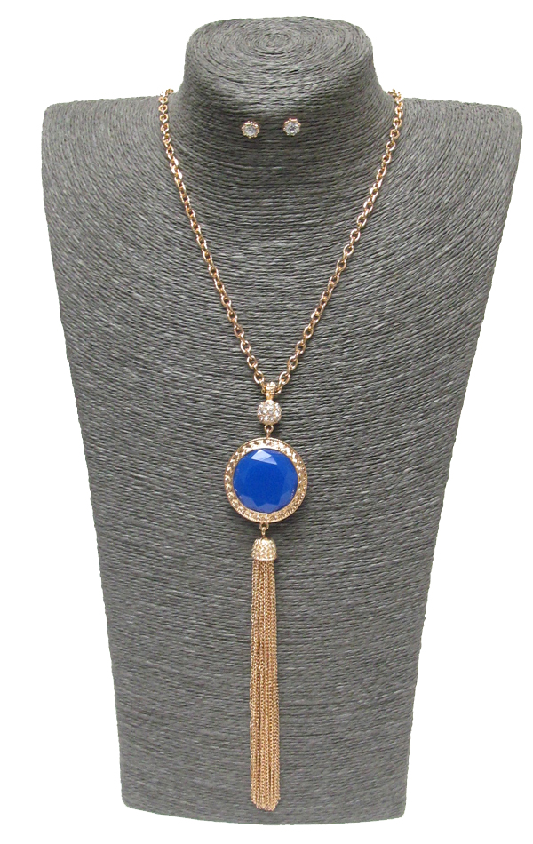 Facet stone and long fine chain tassel drop necklace set