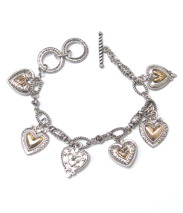 Multi textured heart charm toggle bracelet