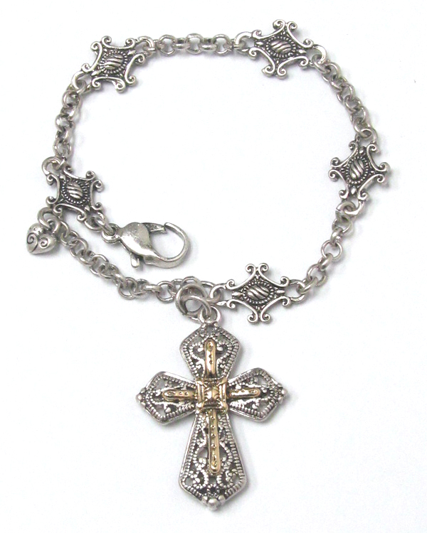 Metal filigree cross charm bracelet