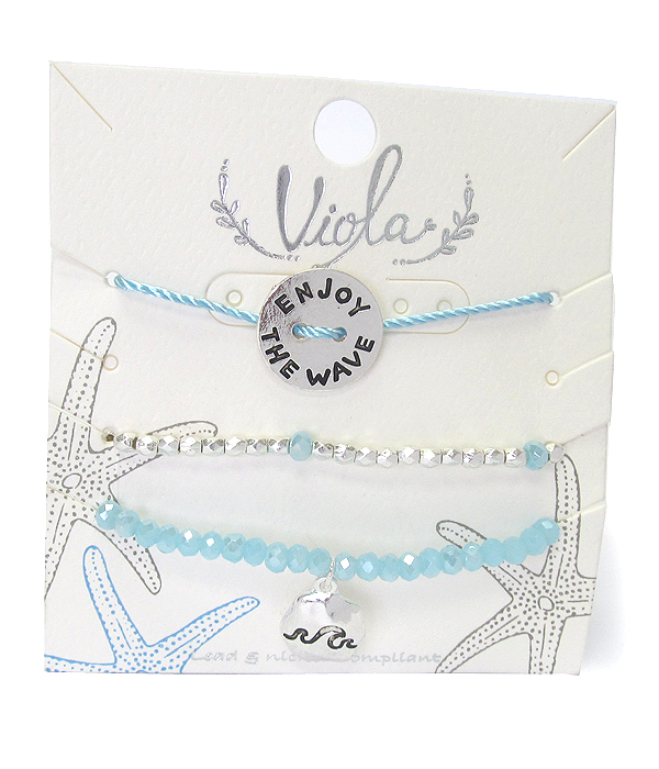 Pull tie and bead stretch three bracelet set - enjoy the wave