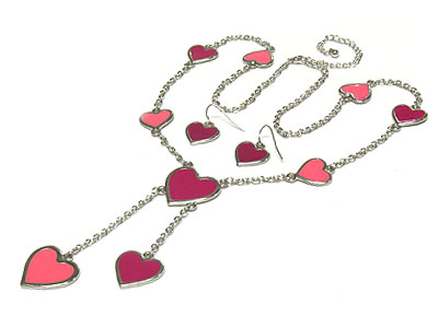 ENAMEL HEART Y- NECK NECKLACE AND EARRING SET