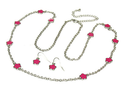 Enamel flower long necklace and earring set 