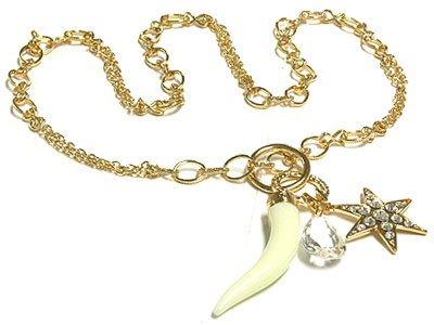 Horn and crystal star and acryl bead charms chain necklace 