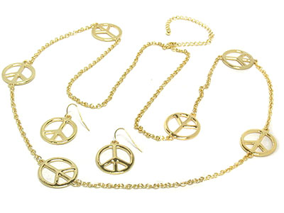 Metal peace link long necklace and earring set 