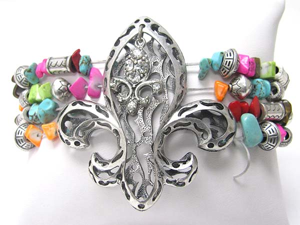 Crystal deco fleur de lis and natural chip stone stretch bracelet