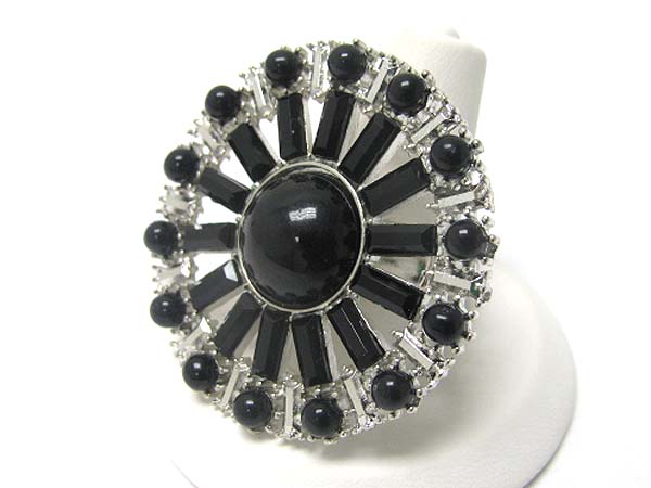 Pearl and facet glass deco large round adjustable ring