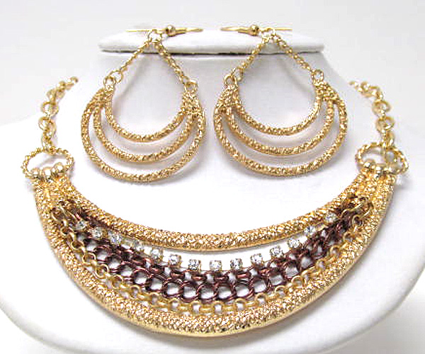 Metal half oval hammerd fashion crystal multi drop chain necklace earring set