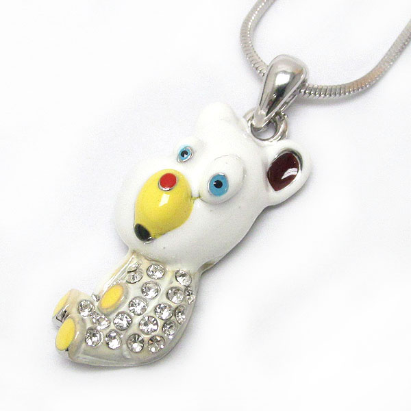 WHITEGOLD PLATING CRYSTAL AND EPOXY BEAR PENDANT NECKLACE