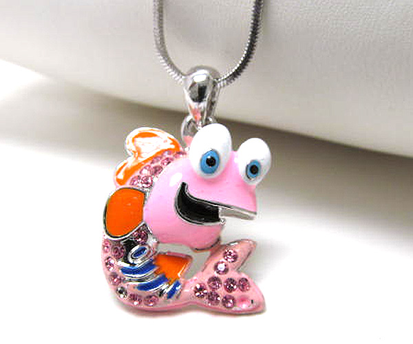 Made in korea whitegold plating crystal and epoxy fish pendant necklace