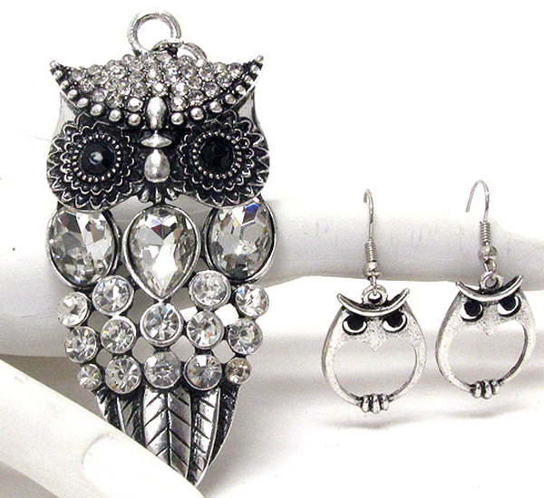 Multi crystal deco body owl necklace earring set