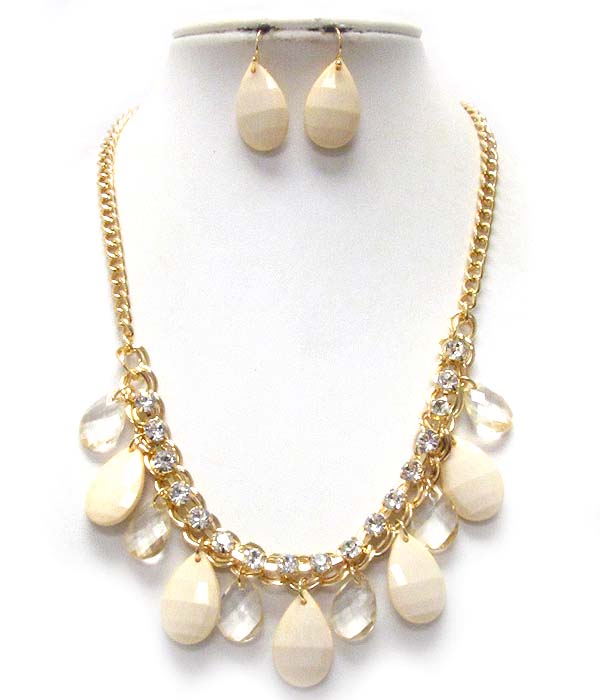 CRYSTAL DECO CHAIN AND TEARDROP ACRYLIC STONE DROP NECKLACE EARRING SET