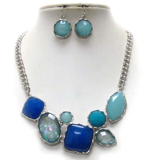 Multi fashion shape shell stone metal chain necklace earring set