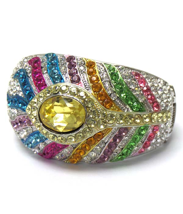 Crystal deco peacock feather hinge bangle bracelet
