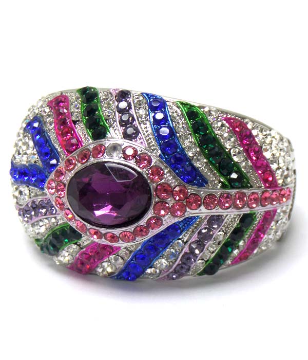 Crystal deco peacock feather hinge bangle bracelet