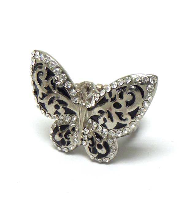 Crystal and metal filigree butterfly stretch ring