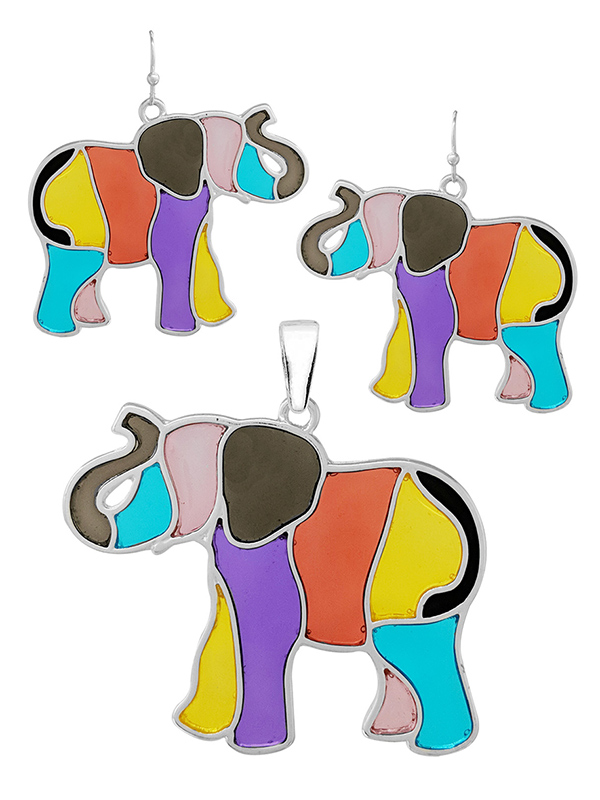 STAINED GLASS WINDOW INSPIRED MOSAIC PENDANT AND EARRING SET - ELEPHANT