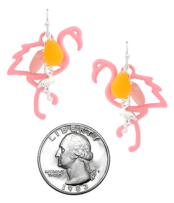 Tropical theme rubber plated charm drop earring - flamingo
