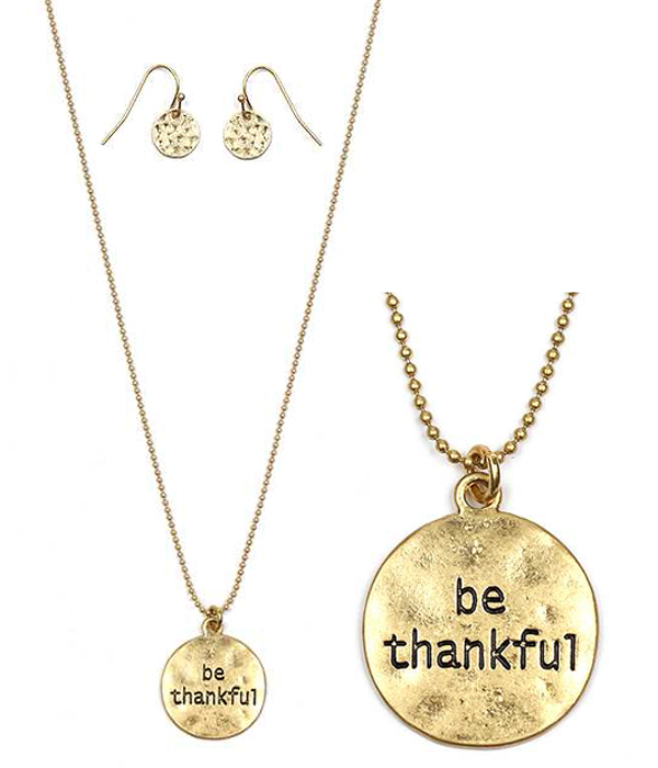 Handmade message metal disk necklace set - be thankful