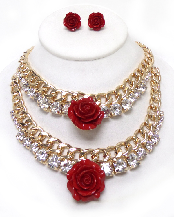 Double layer rose and crystal chain necklace set