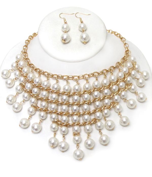 Multi layer pearl and chain drop statement necklace set