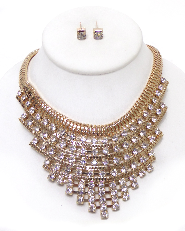 Multi layer crystal and snake chain drop statement necklace set