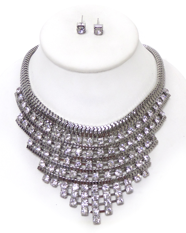 Multi layer crystal and snake chain drop statement necklace set