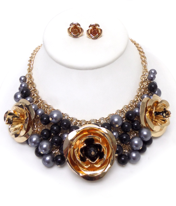 Triple metal rose and multi pearl statement necklace set