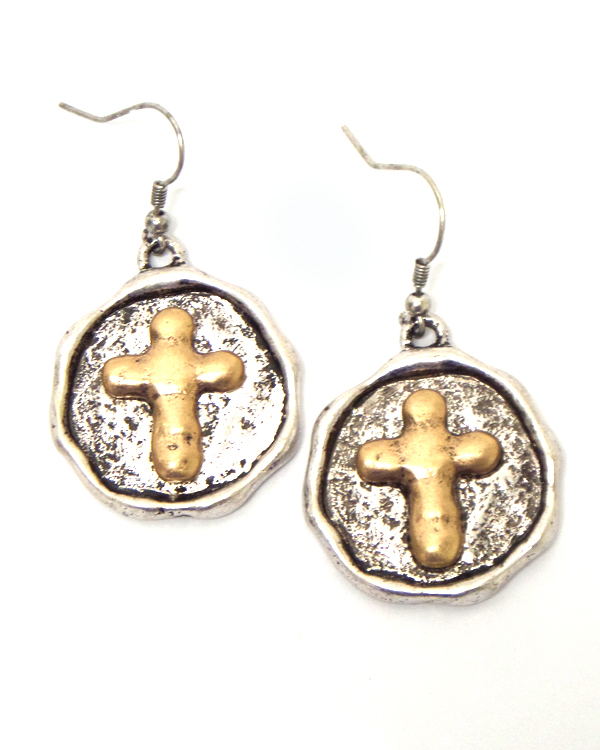 Handmade cross on hammered disk earring