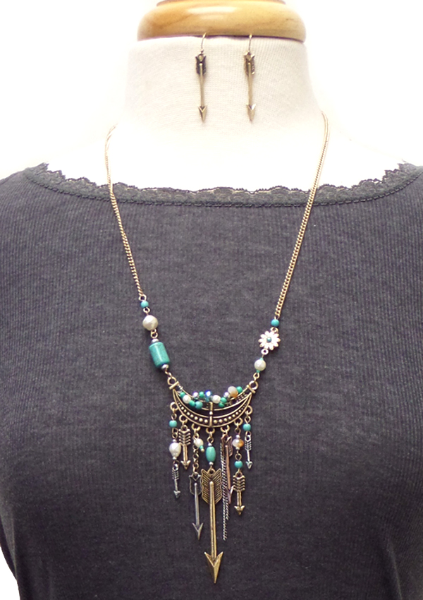 Western style multi turquoise and arrow drop necklace set