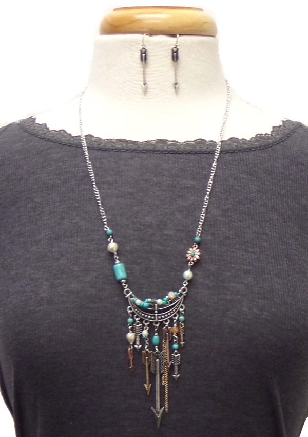 Western style multi turquoise and arrow drop necklace set