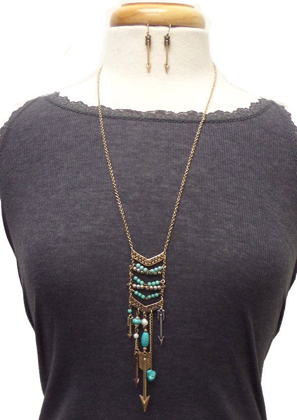 Western style multi beads and arrow drop necklace set