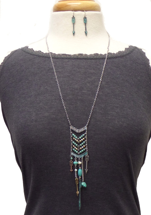 Western style multi beads and arrow drop necklace set