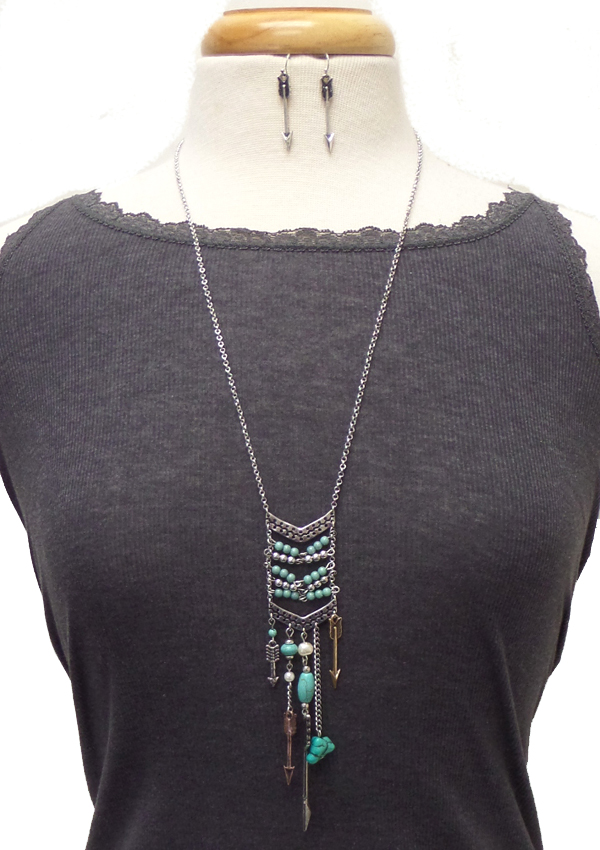 Western style multi beads and arrow drop necklace set