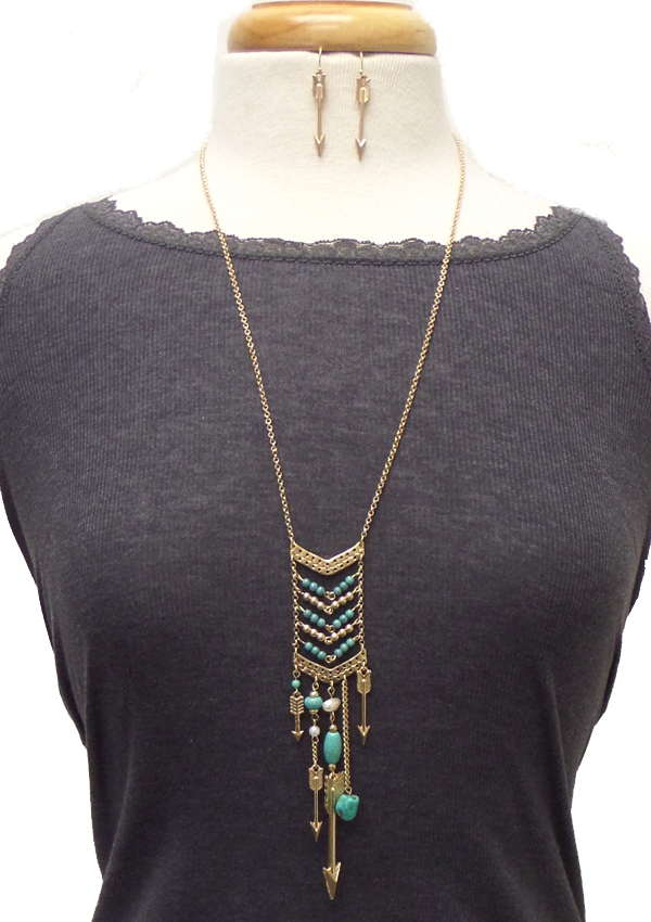 Western style multi beads and arrow drop necklace set
