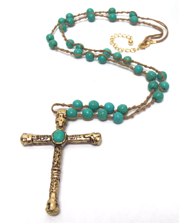 Antique coss turquoise ball and suede cord thread long necklace