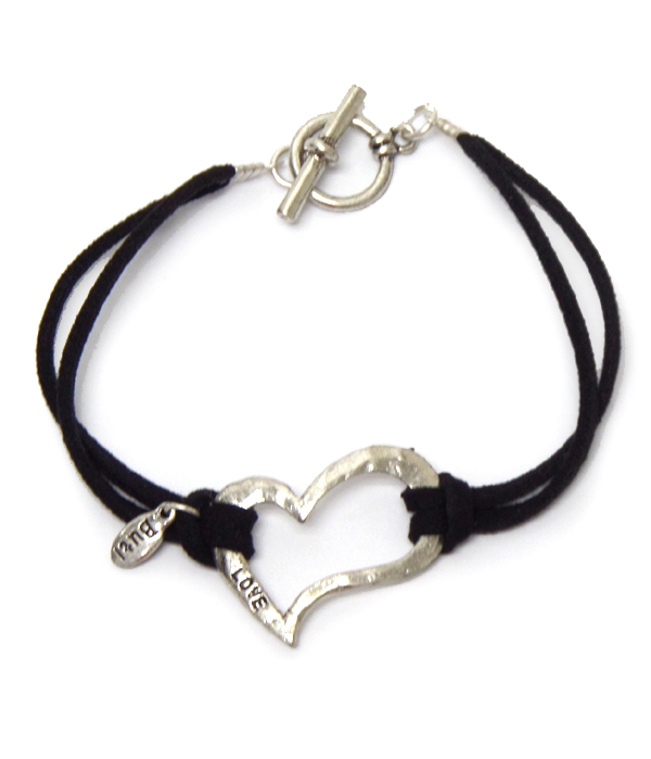 Handmade hammered heart and leatherette band toggle bracelet